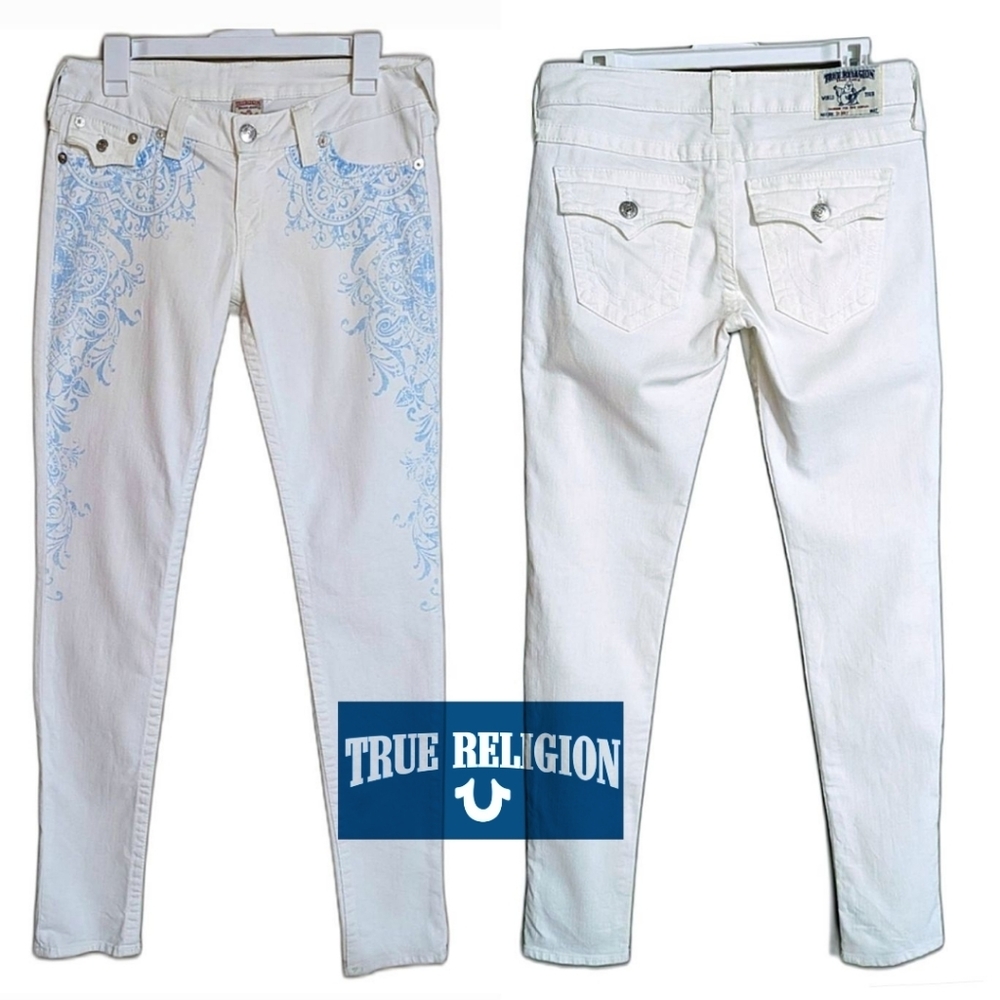 True Religion White Skinny Jeans Blue Paisley Filigree - Size 29